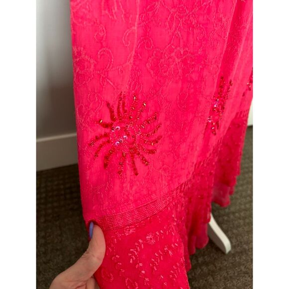 L POGEE Gypsy Skirt Free Size Hot PInk Bohemian Style Beaded Embroidered - Picture 7 of 8